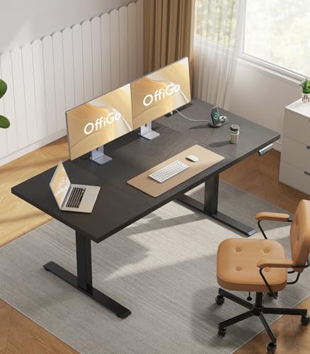 OffiGo 71 Inch Executive Electric Standing Desk Height Adjustable, Black | 1.38" Thick 3-Panel Desktop, Power Outlets, 3 Memory Presets, Dual-Beam Frame for Home Office, Workstation, Conference Room - color: Black, size: 71 Inch