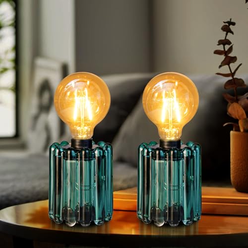 Set of 2 Battery Operated Table Lamp, Battery Powered Cordless Lamp with Timer, Glass Bulb Shape Decorative Lights for Living Room Bedroom Weddings Parties Patio Events Indoors Outdoors（Loden Frost） - color: Loden Frost