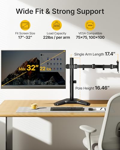 monTEK Freestanding Dual Monitor Stand for 17-32" Screens, 22 lbs Each | Solid V-shaped base, dual-screen full-motion arms, height adjustment, tilt, swivel, rotation and VESA 75/100 - size: Dual Monitor