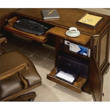 Pemberly Row L-Shaped Wood Executive Desk, Mahogany Finish, Hardwood Solids and Cherry Veneers, 68.25 in x 79 in x 30.5 in, Transitional Style Office Desk with Cable Management and Storage