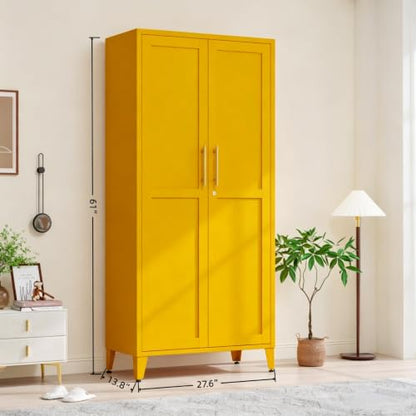 61" H Yellow Metal Storage Armoire Cabinet, Lockable Steel Cabinet, 2-Door Tall Locker with 3 Adjustable Shelves, Freestanding Steel Utility Cabinet for Bedroom, Office, Living Room - color: Yellow, style: 61"H-Cabinet-YX