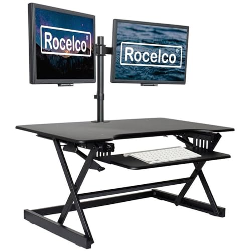 Rocelco 38" Large Height Adjustable Standing Desk Converter - Quick Sit Stand Up Dual Monitor Riser - Gas Spring Assist Tabletop Computer Workstation - Retractable Keyboard Tray - Black (R DADRB-38) - color: Black, size: 38", style: Riser Only