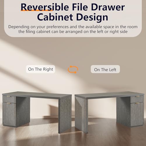 JXQTLINGMU 60" Modern Executive Desk with Storage, Wood Home Office Desk with Drawer & Cabinet, Fluted Computer Writing Desk for Study, Living Room, Bedroom, Grayish Green