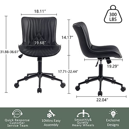 YOUTASTE Black Modern Office Chair, Armless Swivel PU Leather Desk Chair with Wheels, Height Adjustable Rolling Computer Chair with Metal Legs for Bedroom, Home Office, Study, or Vanity - color: Black
