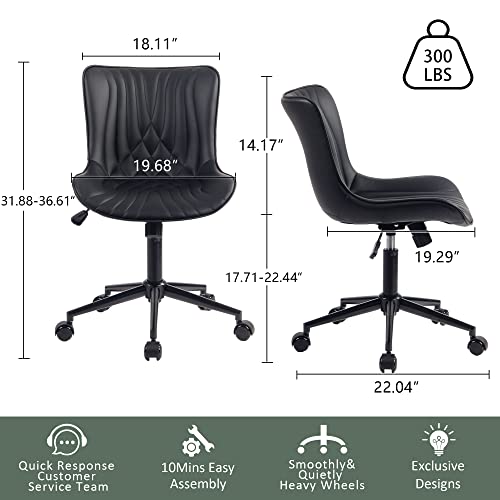 YOUTASTE Black Modern Office Chair, Armless Swivel PU Leather Desk Chair with Wheels, Height Adjustable Rolling Computer Chair with Metal Legs for Bedroom, Home Office, Study, or Vanity - color: Black