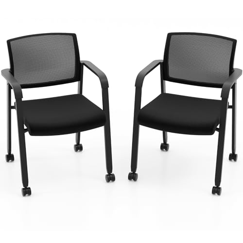 COSTWAY Stackable Office Guest Chairs Set of 2 with Wheels and Armrests | Conference Room Chairs with Mesh Backrest and Upholstered Seat, Ergonomic Waiting Room Chairs for Office Home Reception Area - size: 2 Pack, style: with Wheels