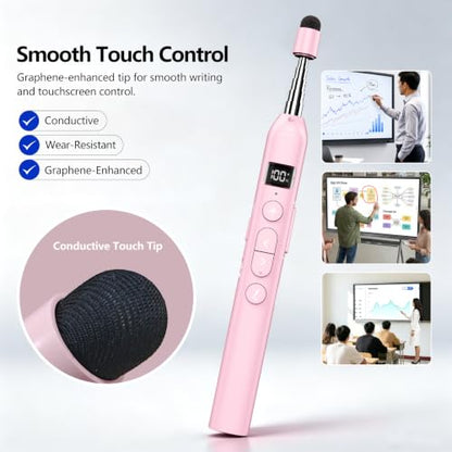 N21 Bluetooth Presentation Clicker for PowerPoint with Retractable Pointer | ①Laser Pointer②Telescopic touch pen③Countdown timer, vibration alert ④Customizable Button ⑤Rechargeable;battery level display - color: Pink - Red Pointer