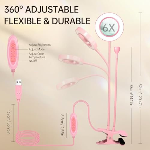 AORAEM LED UV Nail Lamp with Double-Head and 6X Magnifier, Pink | Gooseneck Lamp for Gel Nails, Flash Cure Lamp for Home DIY Salon - color: Magnifier-Pink