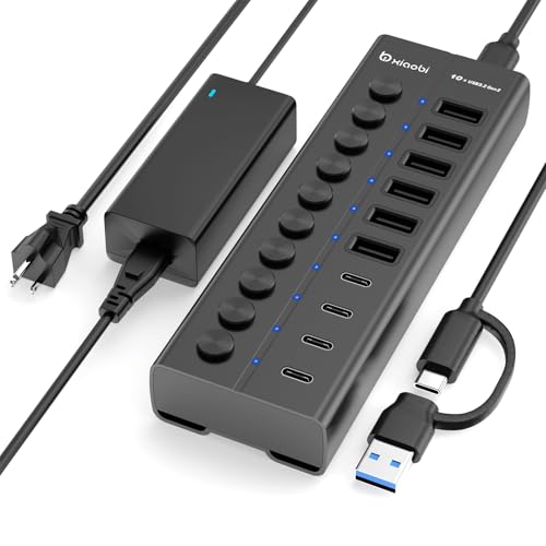 Powered USB Hub, 10-Port USB C Hub with 6 USB-A 3.2, 4 USB-C 3.2 Ports - color: Black