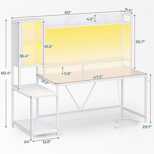 SEDETA 60'' Gaming Desk with Storage, Hutch, Display Cabinet and LED Lights - color: White