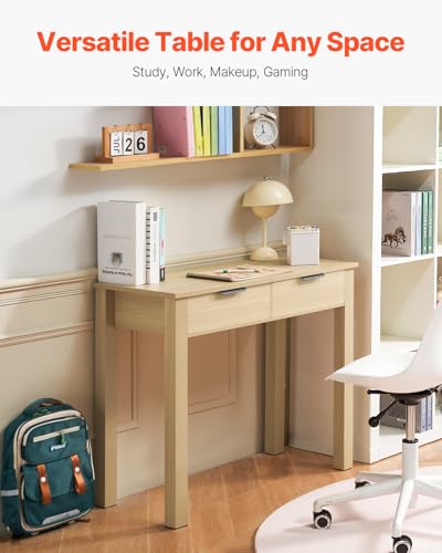 VEVOR Small Desk with Drawers, Wooden Table for Home Office, Small Computer Desk with Storage, Vanity Desk with Drawers, Study Table for Adults/Students for Drawing, Reading, Writing, Light Wood - size: 34.25"D x 15.55"W x 29.57"H