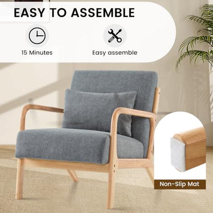 Mid Century Modern Accent Chair Set of 2, Upholstered Chair for Living Room, Accent Chair with Lumbar Pillow Solid Wood Frame Reading Chair Armchair for Bedroom Small Spaces, Darkgrey - color: Darkgrey
