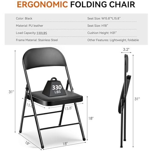 Fenbeli 4 Pack Padded Folding Chairs with Cushion, Black PU Leather Foldable Chairs for Family Dining, Card & Game Nights, 330-Pound Heavy-Duty Steel Frame, Auto-Lock Hinge, Wipe-Clean, Folds Flat - color: Black, size: Set of 4
