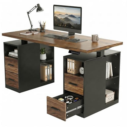HUANUO 55" Standing Desk with Drawers, Executive Electric Height Adjustable Stand Up Desk with Storage, Black Walnut - size: 55"