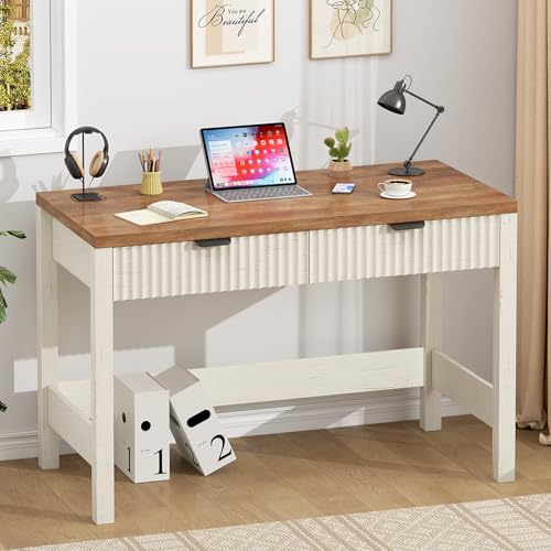 39 Inch Small Fluted Computer Desk with 2 Drawers for Bedroom, Home Office - color: Antique White, size: 39 Inch Desk