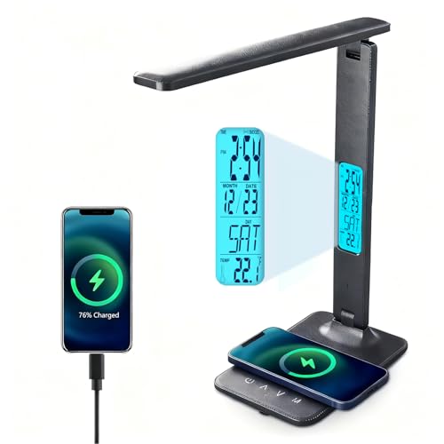 Desk Lamp with Wireless Charger, Table Lamp with USB Port, Eye-Caring Dimmable Touch Control, Clock Display, Adjustable Foldable Arm, 5 Brightness & 3 Color Modes, Home Office Study