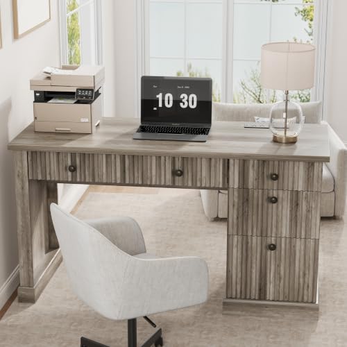 Garvee 54" Fluted Home Office Desk with File Drawer for Home Office - color: Grey, size: 21.6"D x 54"W x 30"H
