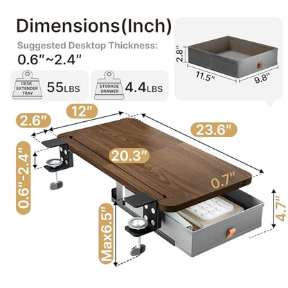 PEGZONE Desk Extender Tray, 24" x 12", with Storage Drawer, Medium, Walnut - color: Walnut, size: Medium