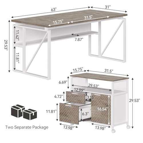 LITTLE TREE 63-Inch Office Desk with 31.5-Inch Lateral File Cabinet, Study Writing Desk Computer Desk for Home Office - color: Grey + White