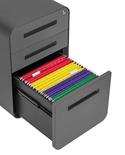 Laura Davidson Furniture Stockpile 3 Drawer File Cabinet with Lock - Under Office Desk Metal Filing Cabinet, Legal/Letter File Folders, Wheels and Stationary Feet, Pre-Assembled, Dark Grey - color: Dark Grey
