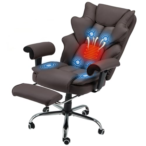 Brown Ergonomic Office Chair | 6-Point Vibration Massage & Heat, Reclining Executive Chair, Adjustable Footrest and Armrests, PU Leather Big and Tall - color: Brown