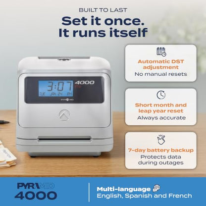 Pyramid Time Systems 4000 Pro Auto Totaling Time Clock, Silver