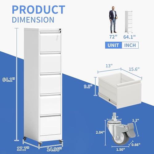 5 Drawer File Cabinet with Wheels, Metal Mobile File Cabinet with Lock, Rolling Filing Cabinet Home Office for Hanging File Folders, Letter Size, Legal Size, A4 Size, Require-Assembled, White - color: White, size: 64.10"H-5 Drawer
