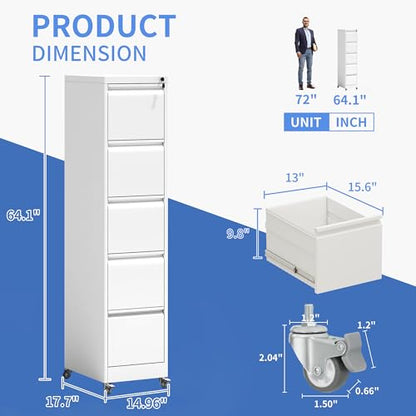5 Drawer File Cabinet with Wheels, Metal Mobile File Cabinet with Lock, Rolling Filing Cabinet Home Office for Hanging File Folders, Letter Size, Legal Size, A4 Size, Require-Assembled, White - color: White, size: 64.10"H-5 Drawer