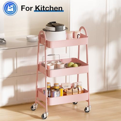 DUMOS 3 Tiers Rolling Cart, Utility Cart, Metal, Pink | Mobile Storage, Lockable Wheels, Utility Shelving Unit, Kitchen, Bathroom, Laundry, Narrow Places - color: 3 Tiers Pink