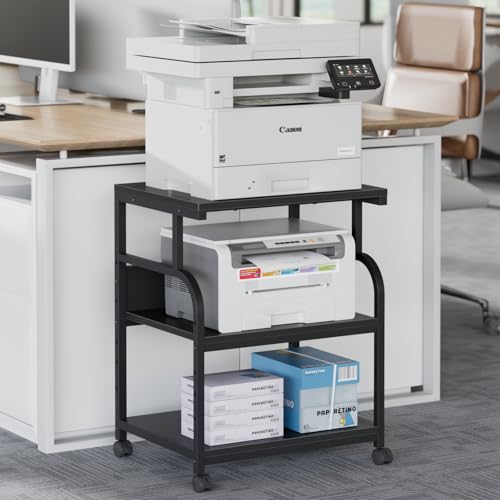 VECELO Large Printer Stand with Power Outlet, 3-Tier Rolling Cart with Adjustable Shelf & Lockable Wheels, Heavy Duty Utility Table for Home Office, 18.9"x23.6"x30.2", Black