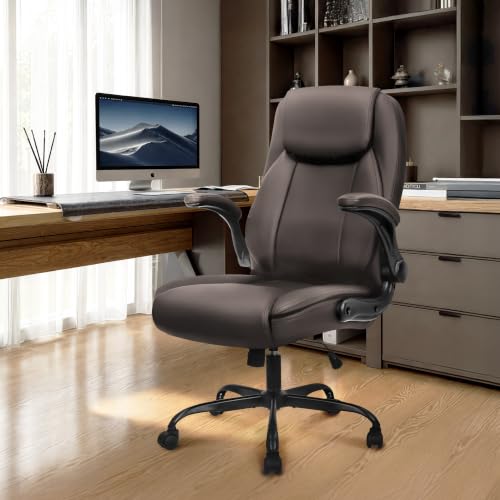 NEO CHAIR Office Desk Chair, High Back PU Leather with Flip-up Arms, Brown - color: Brown