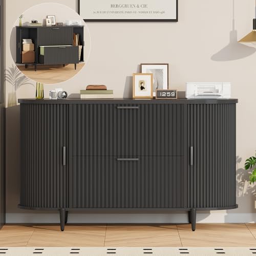 SEDETA 39.4" Filing Cabinet for Home Office, 2 Drawer File Cabinet, fit Legal/Letter/A4 Size, Modern Fluted Filing Cabinets with 2 Sliding Door Storage, Printer Stand, Black - color: Black