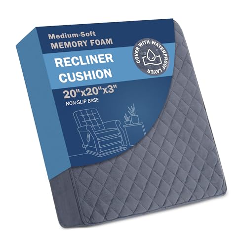 Medium-Soft 20x20x3 Memory Foam Recliner Chair Seat Cushion for Long Sitting - Armchair Pad with Washable Velvety Cover with Waterproof Layer & Non-Slip Base for Seniors & Elderly - Gray - color: Gray, size: 20x20x3"
