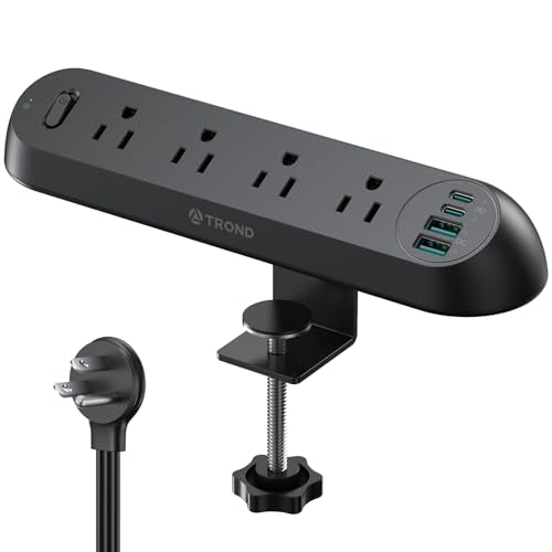 TROND Desk Clamp Power Strip USB C PD 20W, Flat Plug 6ft, 1700J, ETL Listed | Surge Protector with 4 AC Outlets 4 USB Ports, Fits 1.97 in Tabletop Edge, for Home Office Desk Accessories, Black - color: Black, size: 6FT (4 Outlets & 4 USB Ports)