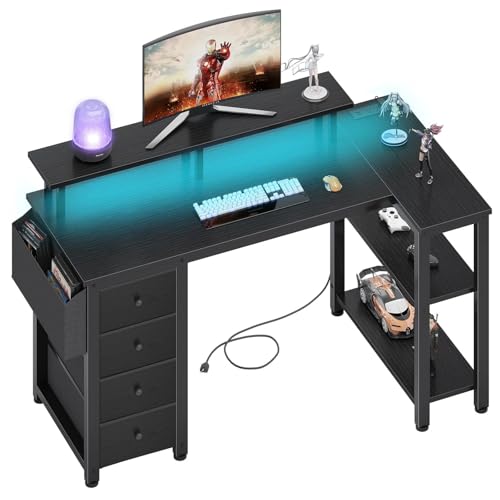 Lufeiya Black L Shaped Desk with Led Lights and Power Outlets, 47 Inch Writing Study Computer Gaming Desks with Fabric Drawers for Bedroom, Home Office Corner Desk with Monitor Stand Shelves, Black - color: Black, size: 47.2"