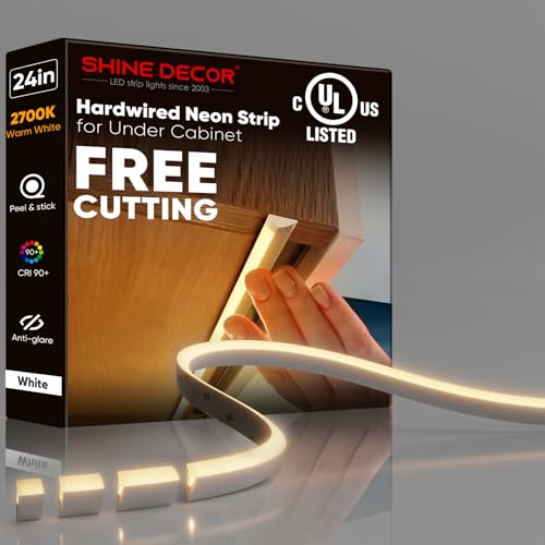 Under Cabinet Lighting Strip, Free Cuttable LED Silicone Neon Rope Hardwired 24V Anti-Glare Bright Cozy 504 Lumen for Indoor, Adhesive White Shell 2700K Warm 24” UL Certified, No Adapter - color: Warm LEDs + White Shell, size: 24 inch