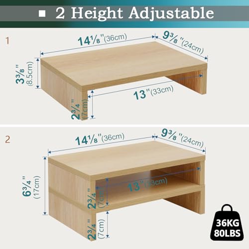 TEAMIX Wood Monitor Stand Riser-2 Packs, Maple | Holds 80Lbs, Stacked/Separate Adjustable Use, 2 Tier Adjustable, Fits laptop, TV, PC. For Home Office, Gaming - color: Maple
