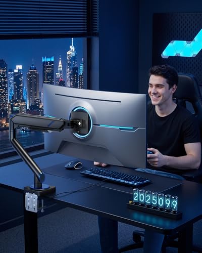 ARES WING 17-49 Inch Monitor Arm Ultrawide Monitor Mount with USB, Black | Heavy Duty Mechanical Spring Monitor Stand Adjustable Arms Holds up to 44lbs, 75/100 VESA Mount with Clamp/Grommet Base