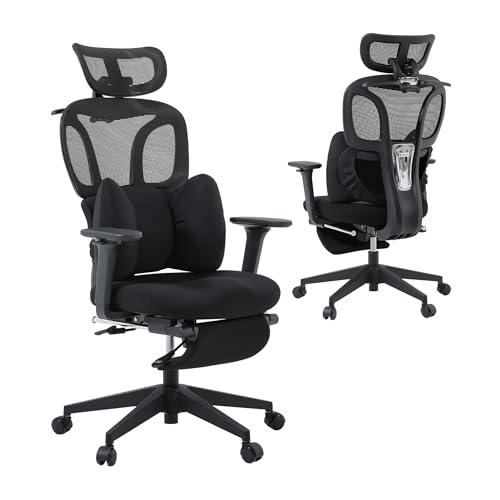 CabLady S1 High Back Ergonomic Mesh Office Chair with Footrest, 300 lbs | 115° Recline Lock, Adjust Seat Depth, 2D Arms, 3D Headrest, Detachable Lumbar Support, Breathable Mesh, BIFMA, Black - color: Butterfly Onyx
