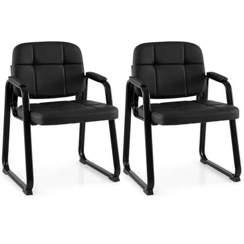 Giantex Waiting Room Guest Chairs Set of 2, Leather Office Reception Chairs with Padded Armrests, Sled Base, Metal Frame, Stationary Side Chairs No Wheels for Conference Meeting Lobby Home, Black