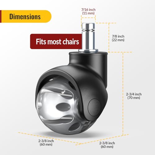 HOLKIE Office Chair Wheels Replacement 11x22mm Universal Fit 2 Inch Rubber Heavy Duty Casters for Carpet Hardwood Floors Gaming Desk Chair Roller Wheels Set of 5 Grey Smooth & Silent - color: Grey