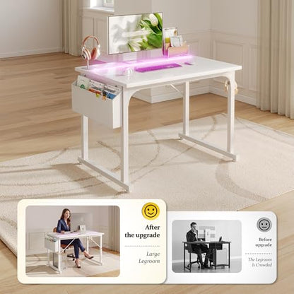 DurayLoly 32" Gaming Desk with Waterproof LED Lights for Bedroom,White - color: White, size: 32 IN