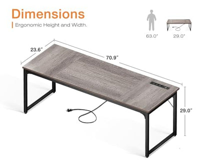 Coleshome 71 Inch Computer Desk with Power Outlet - color: Grey Oak, size: 71 Inches