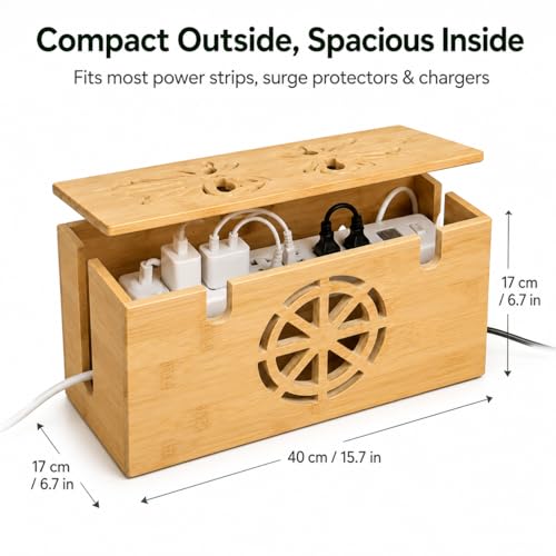 Bamboo Extra Large Cable Management Box, 15.7 x 6.7 x 6.7in | Cable Management Box - Large Bamboo Cord Organizer for Desk and Home Office - Power Strip Hider with Ventilation