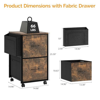 VINGLI 2 Drawer File Cabinet with Side Bag, Rolling Mobile Under Desk with Wheels, Fabric Drawers Printer Stand for Home Office, Fits Letter Size, Rustic Brown - color: Rustic Brown, size: Small 2 Drawers