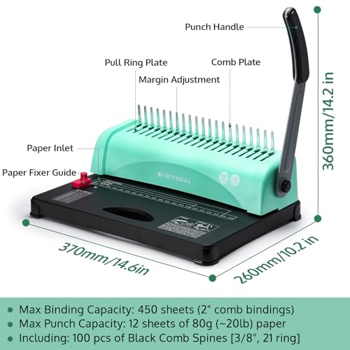 OFFNOVA Binding Machine, 21-Hole 450 Sheets Paper Comb Punch Binder Machine for Letter Size / A4 / A5 Paper, Easy to Punch Handle, Adjustable Margin - style: Gen2
