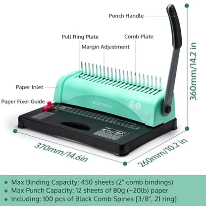 OFFNOVA Binding Machine, 21-Hole 450 Sheets Paper Comb Punch Binder Machine for Letter Size / A4 / A5 Paper, Easy to Punch Handle, Adjustable Margin - style: Gen2