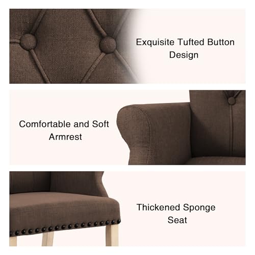 LOULENS Linen Dining Chair with Arms, Tufted Dining Room Chairs, Brown | Solid Wood Legs, Nailhead Trim, Accent Chair, Kitchen Chair - color: Brown-a, size: 1 PCS