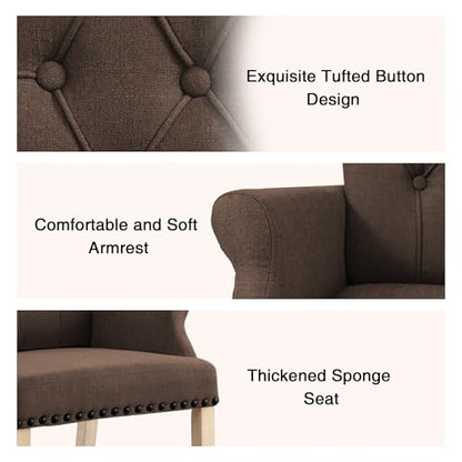 LOULENS Linen Dining Chair with Arms, Tufted Dining Room Chairs, Brown | Solid Wood Legs, Nailhead Trim, Accent Chair, Kitchen Chair - color: Brown-a, size: 1 PCS