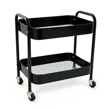 2 Tier Metal Rolling Utility Cart with Wheels Under Desk Storage Cart with Handle, Roll Around Organizer Trolley for Small Space Pantry Bathroom Home Kitchen Office Snack Baby Supplies, Black - color: Black